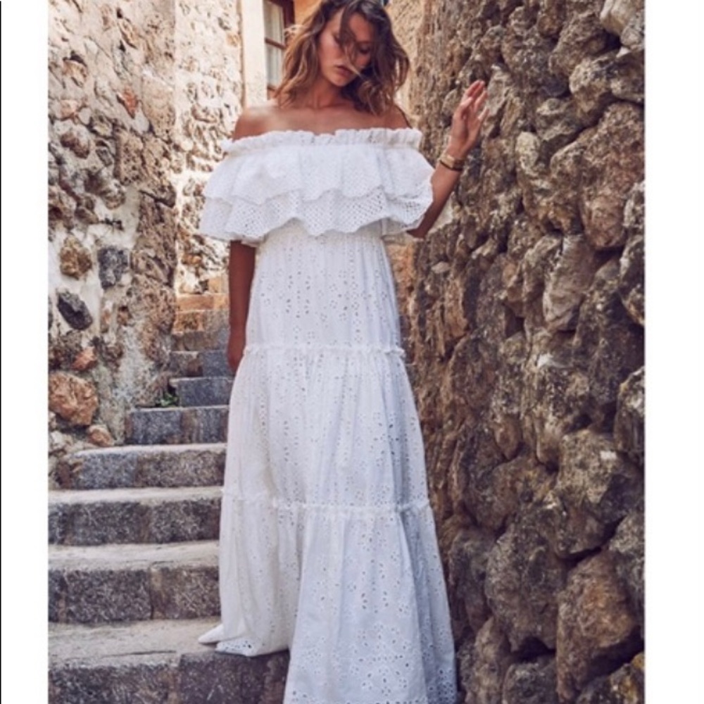 NWOT LSF eyelet off shoulder white cotton maxi dress XS- fits more like S